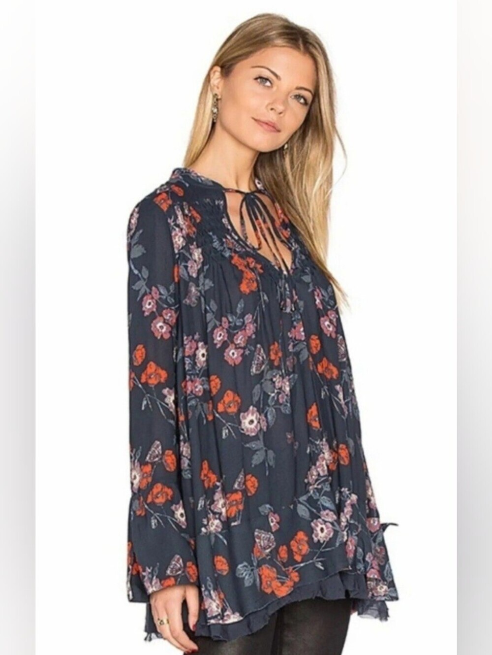 Free People So Fine Floral Smocked Crepe Tunic Top, Size S